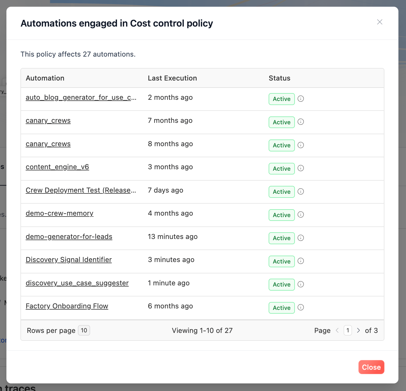 Engaged automations modal