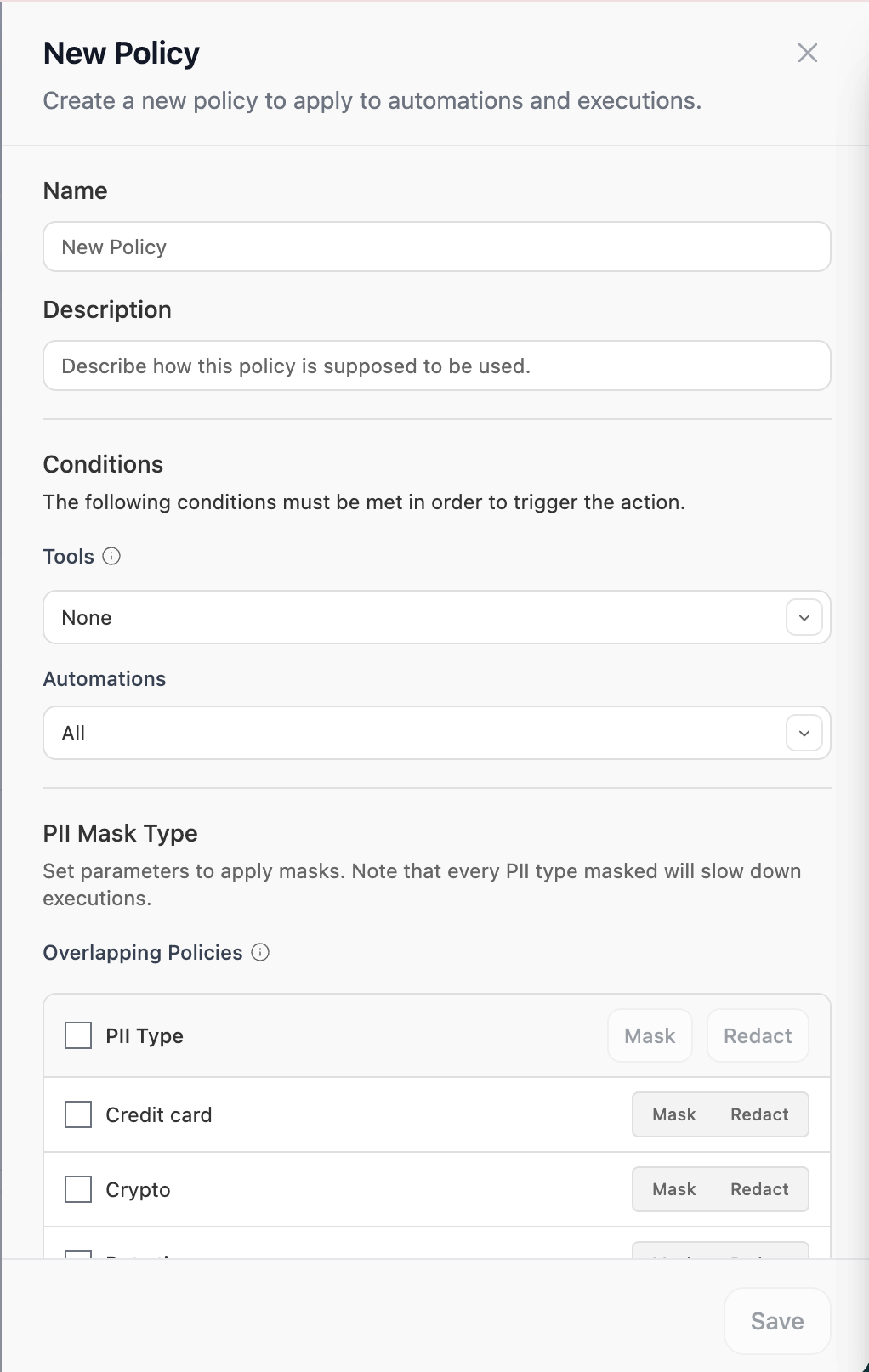 New Policy side panel configured for PII Redaction with the PII mask type table