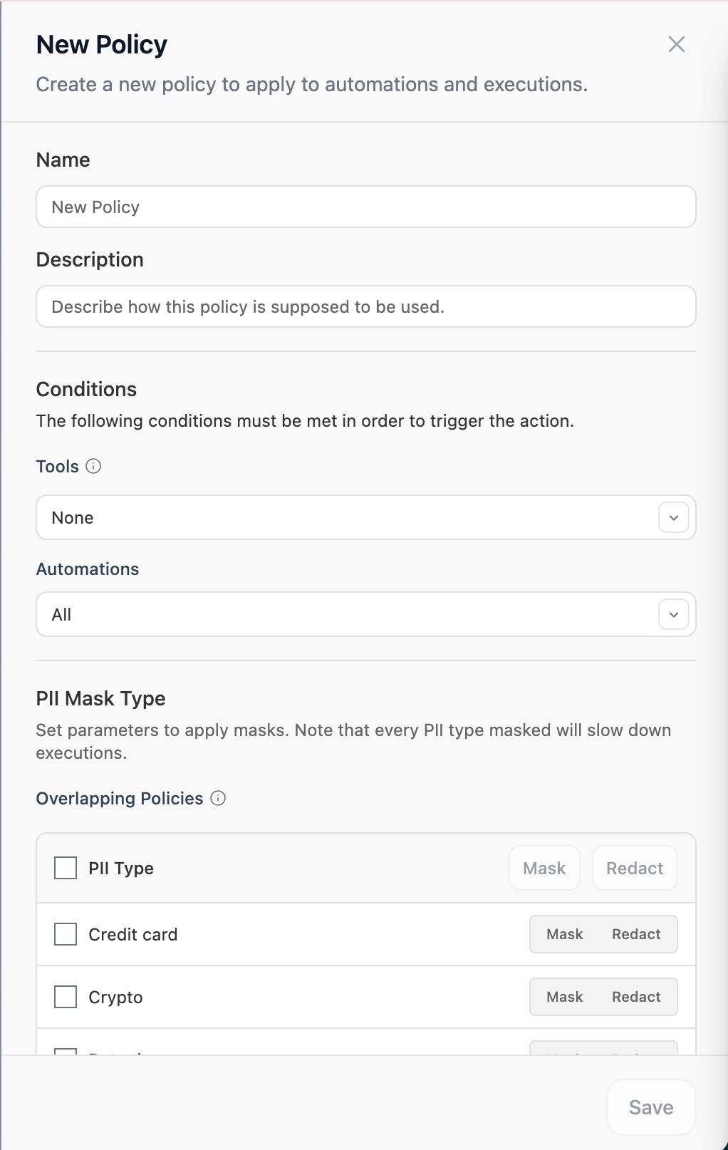 New Policy side panel configured for PII Redaction with the PII mask type table