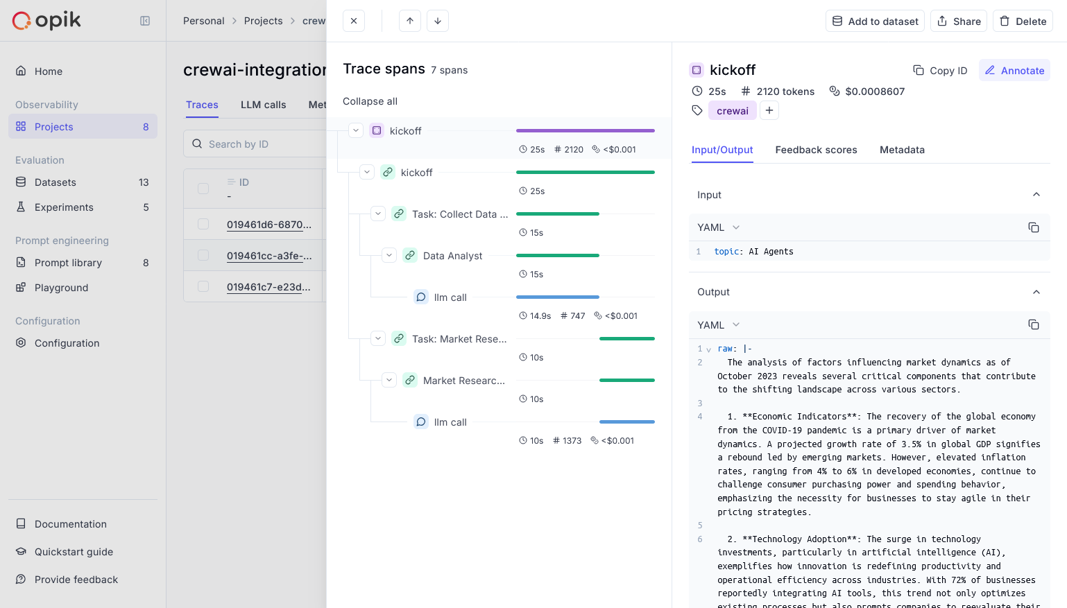 Exemplo de monitoramento de agente Opik com CrewAI
