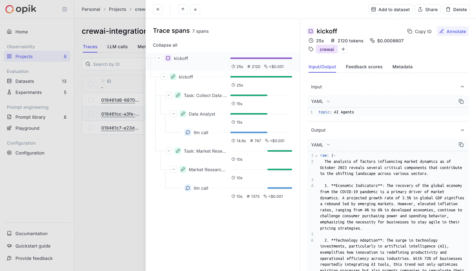 Opik agent monitoring example with CrewAI
