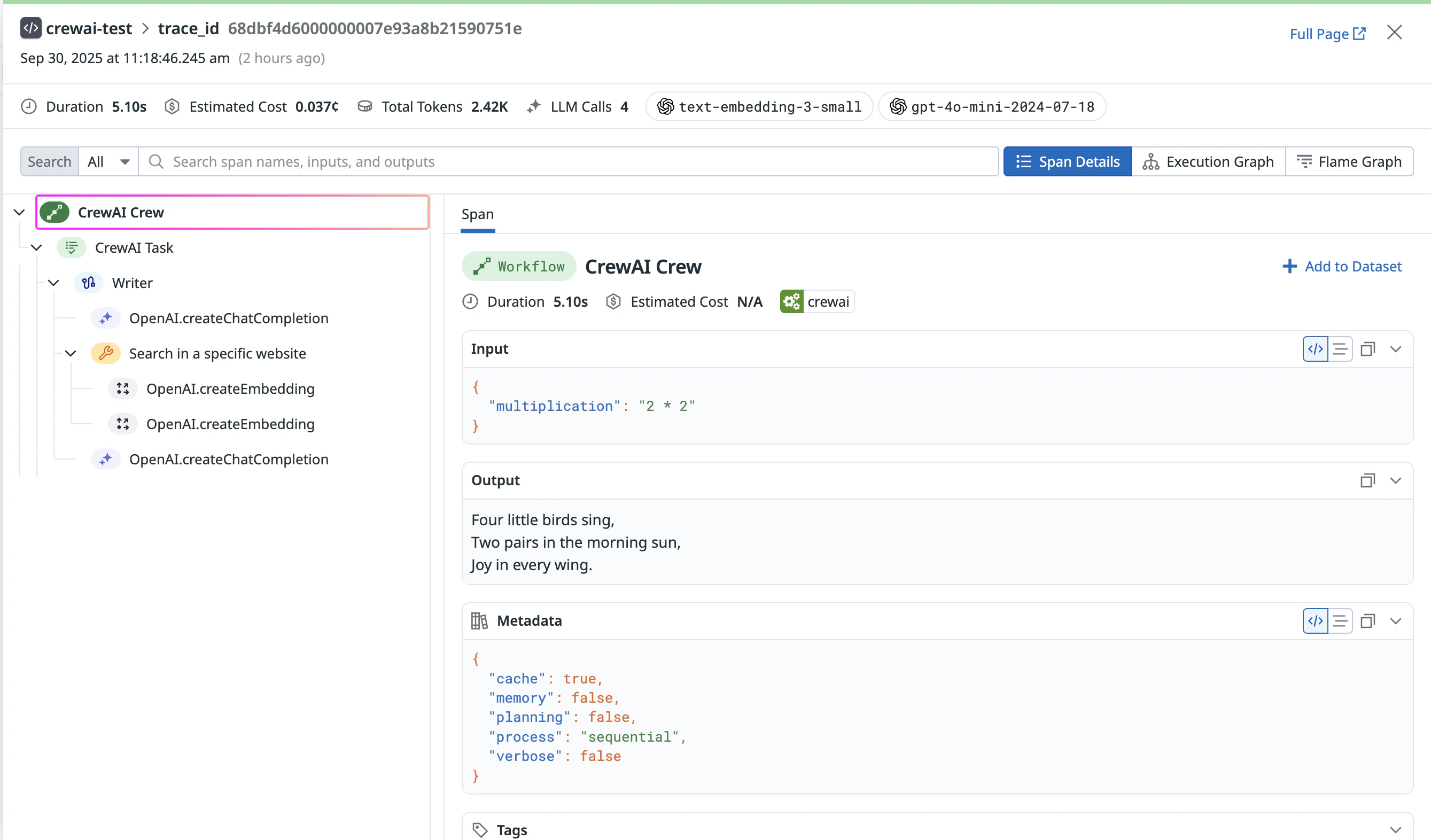 Datadog LLM Observability Trace View