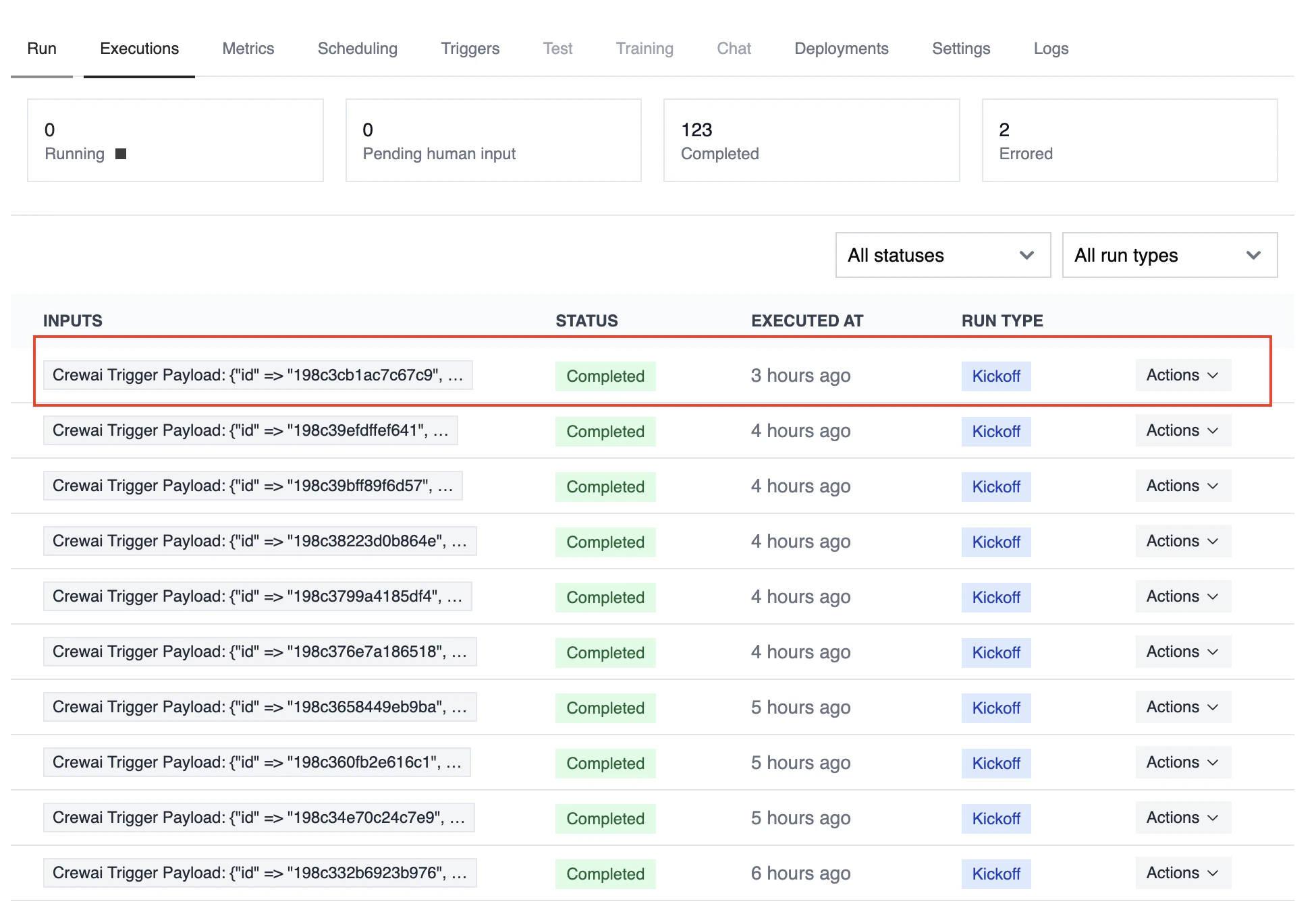 Lista de execuções acionadas por triggers