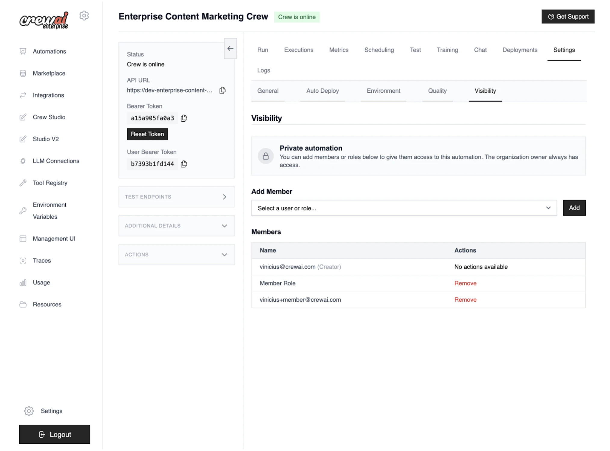 Configuração de visibilidade no CrewAI AMP