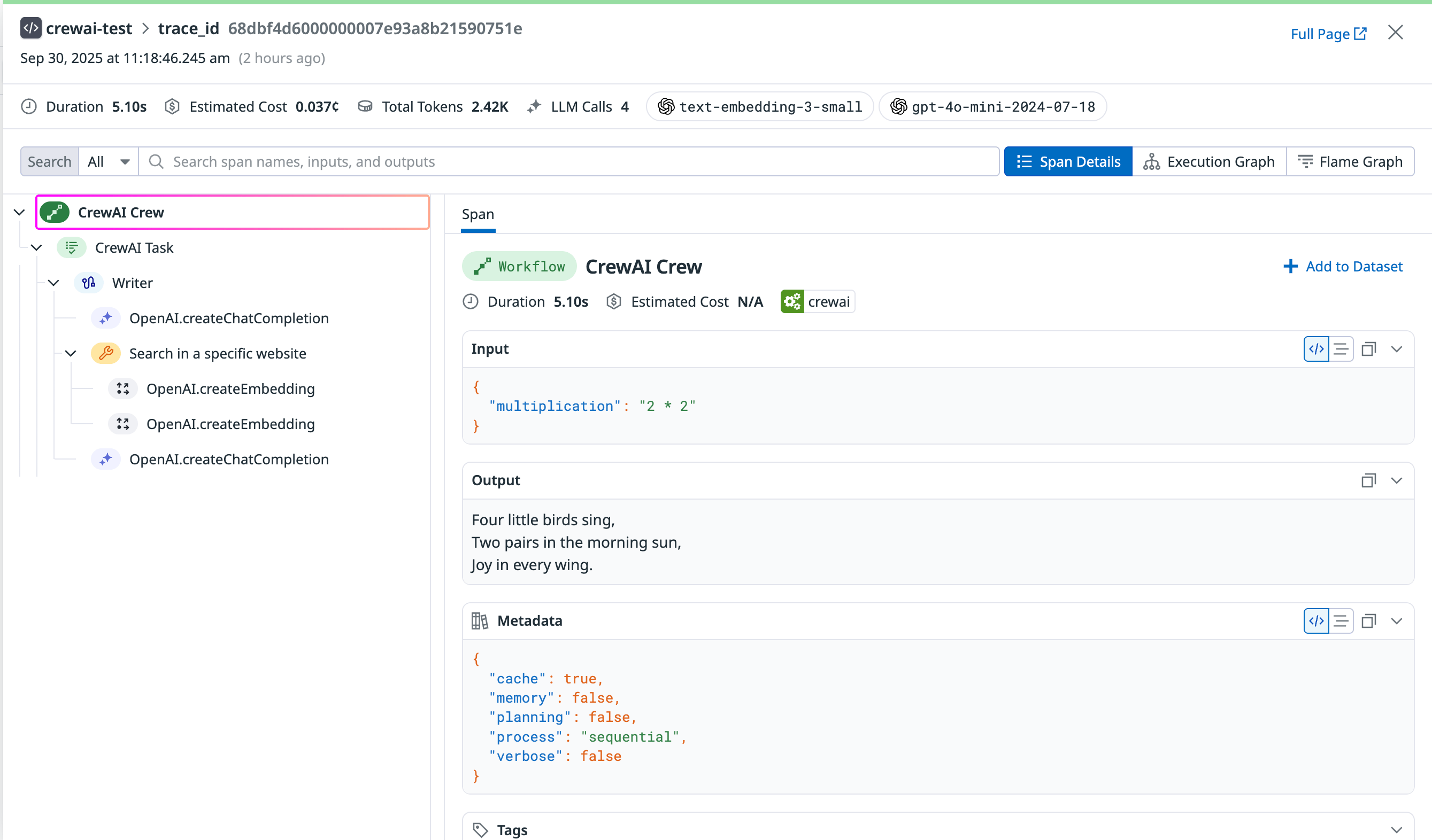 Datadog LLM Observability Trace View