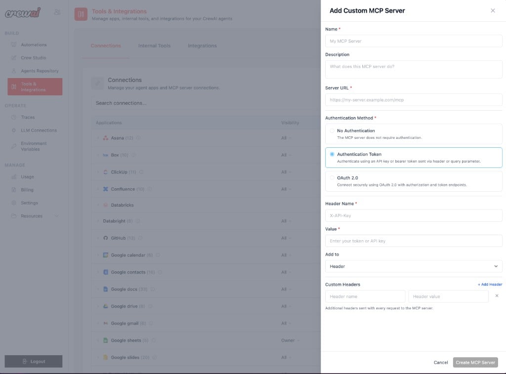 Custom MCP Server with Authentication Token