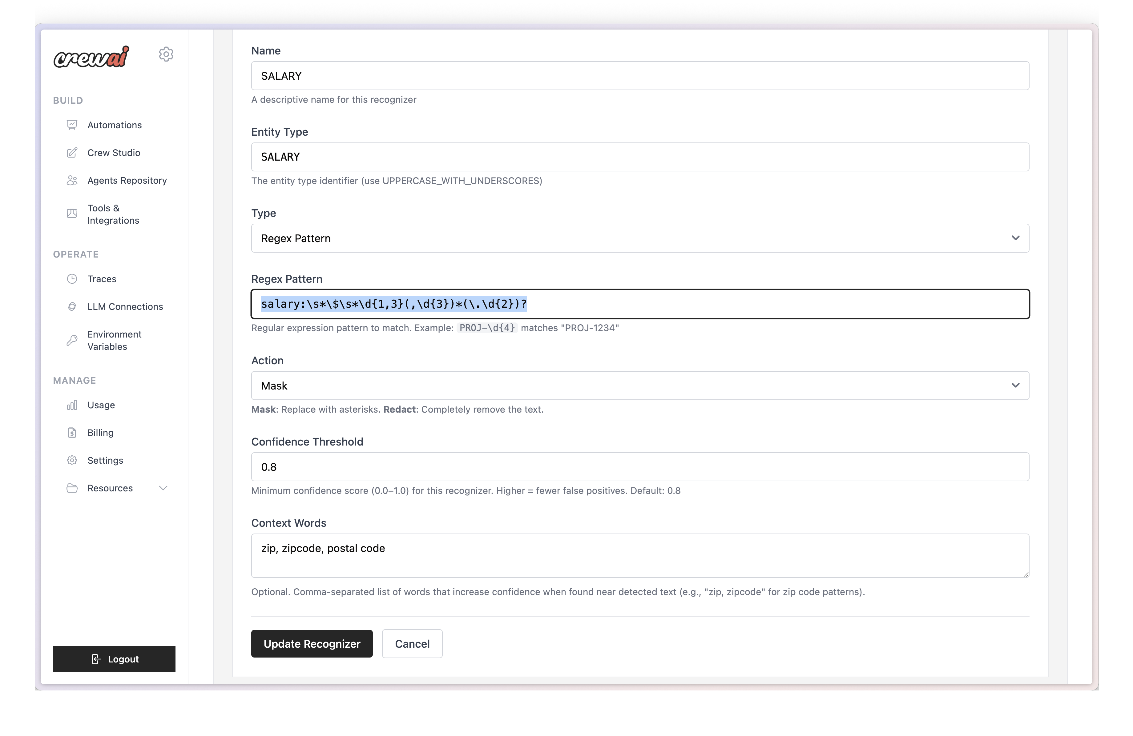 Salary Recognizer Configuration
