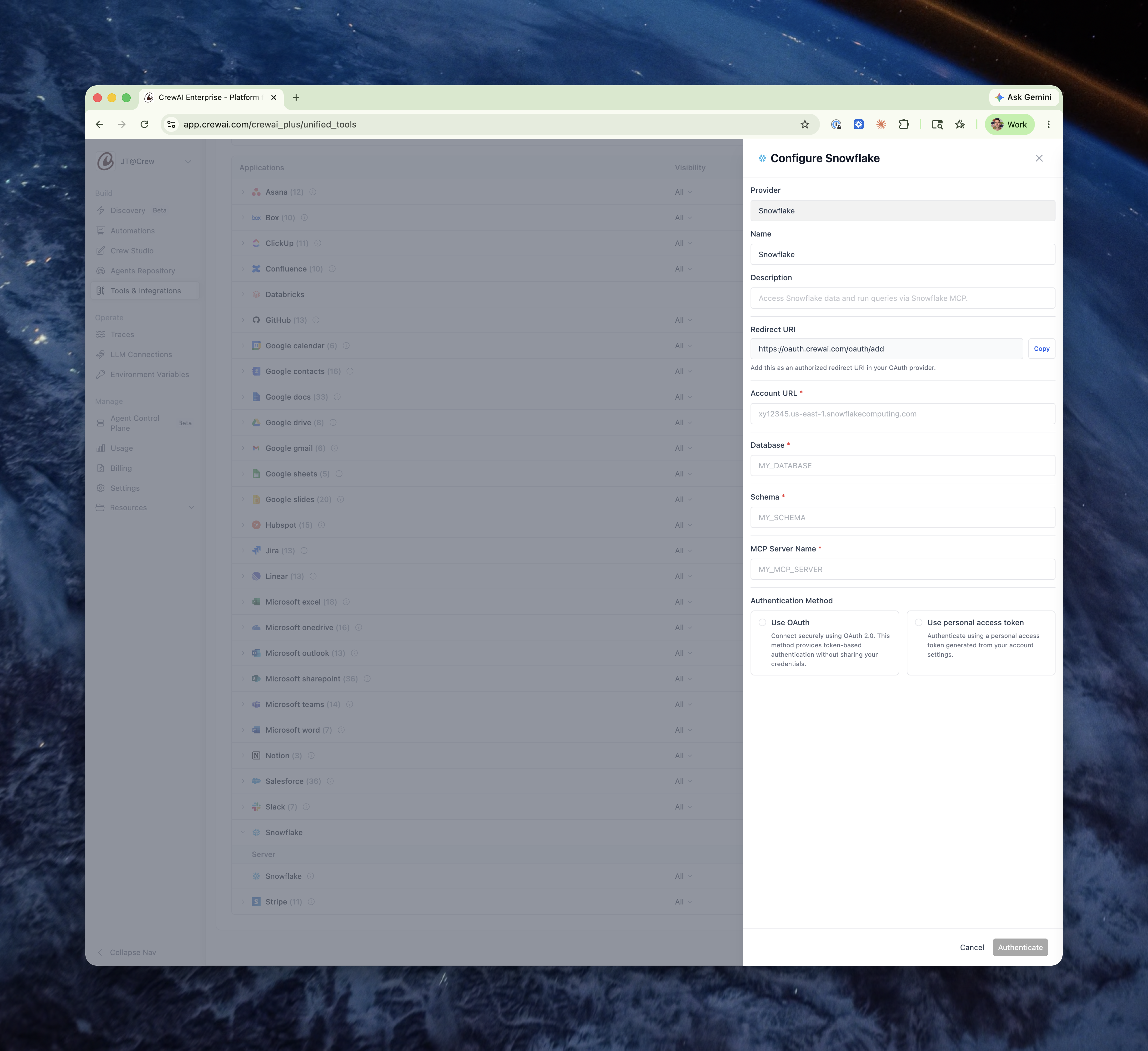 Configure Snowflake integration in CrewAI AMP