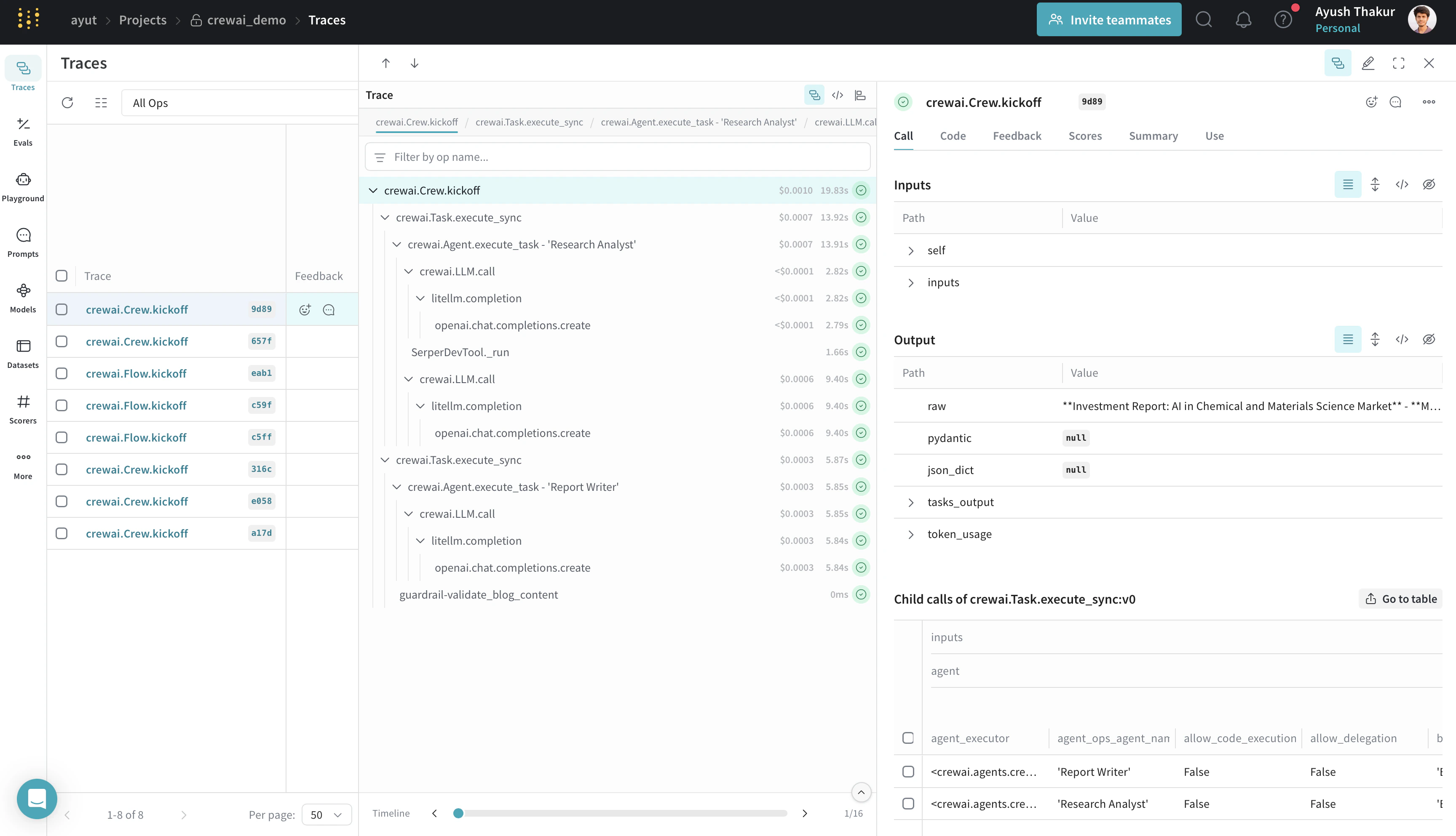 Exemplo de rastreamento do Weave com CrewAI