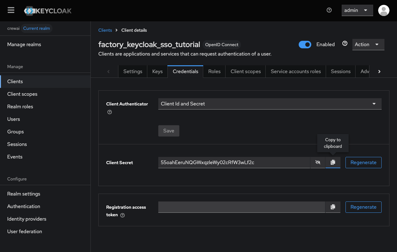 Keycloak Credentials Tab