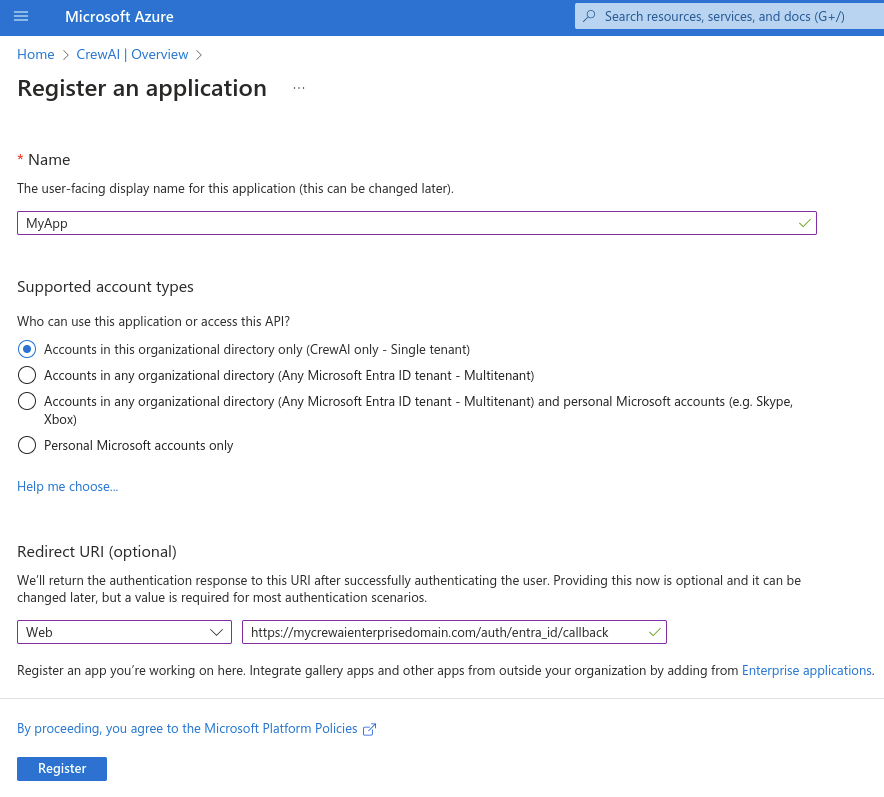 Azure App Registration Form