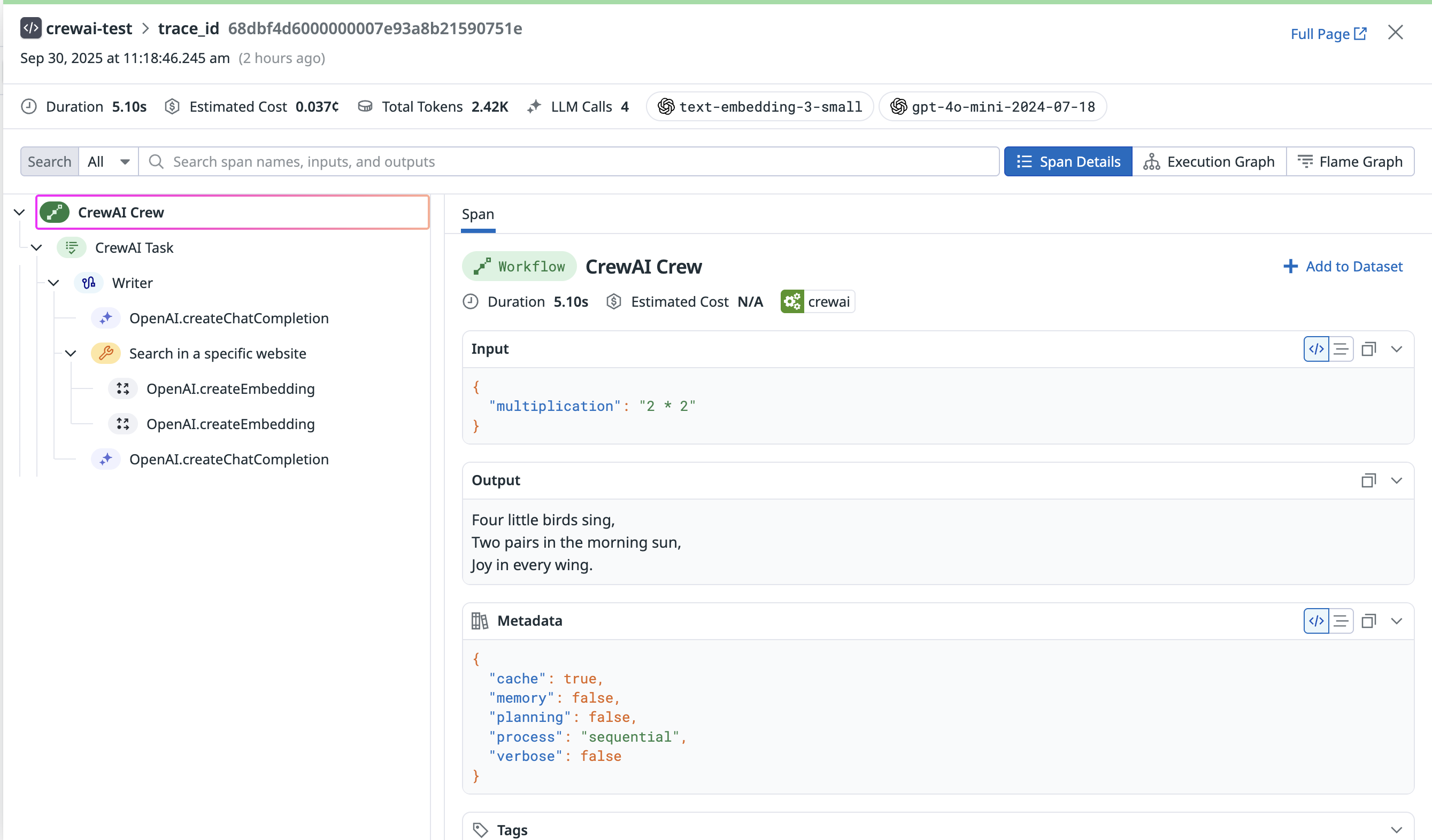 Datadog LLM Observability Trace View