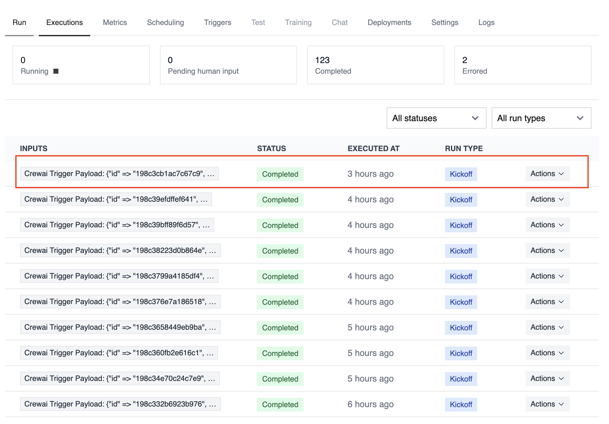 List of executions triggered by automation