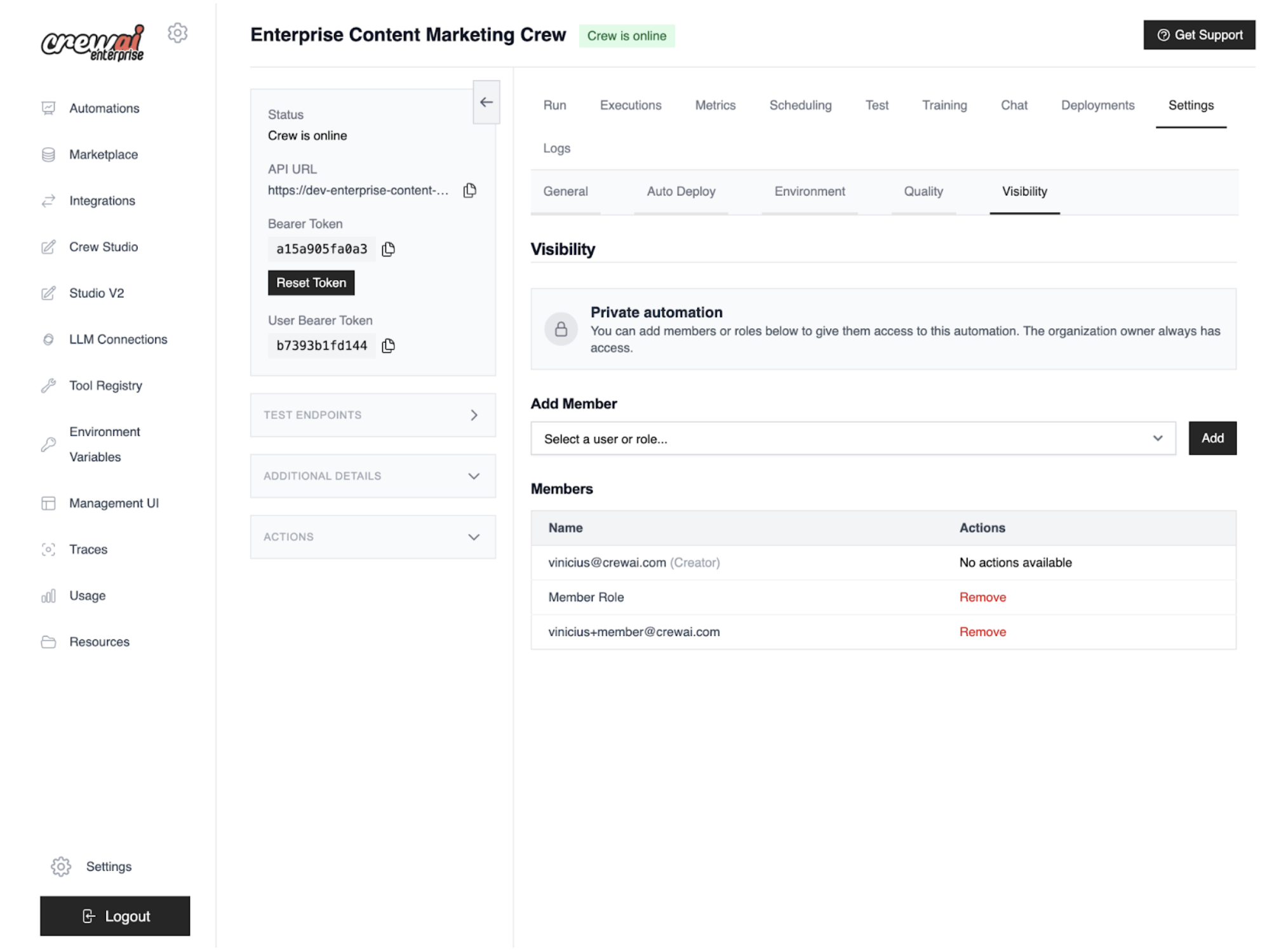 Automation Visibility settings in CrewAI AMP