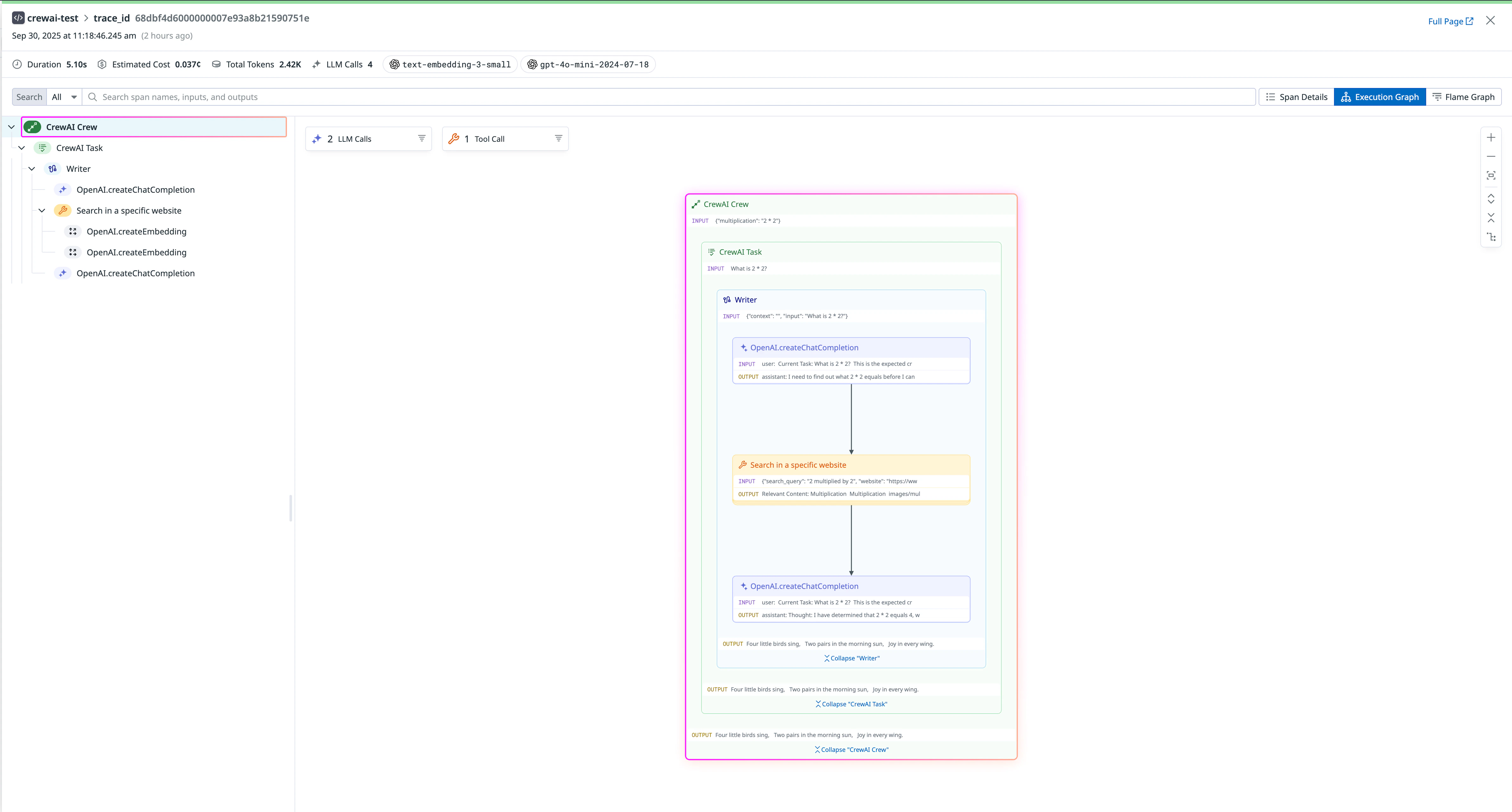 عرض تدفق تنفيذ وكيل Datadog LLM Observability