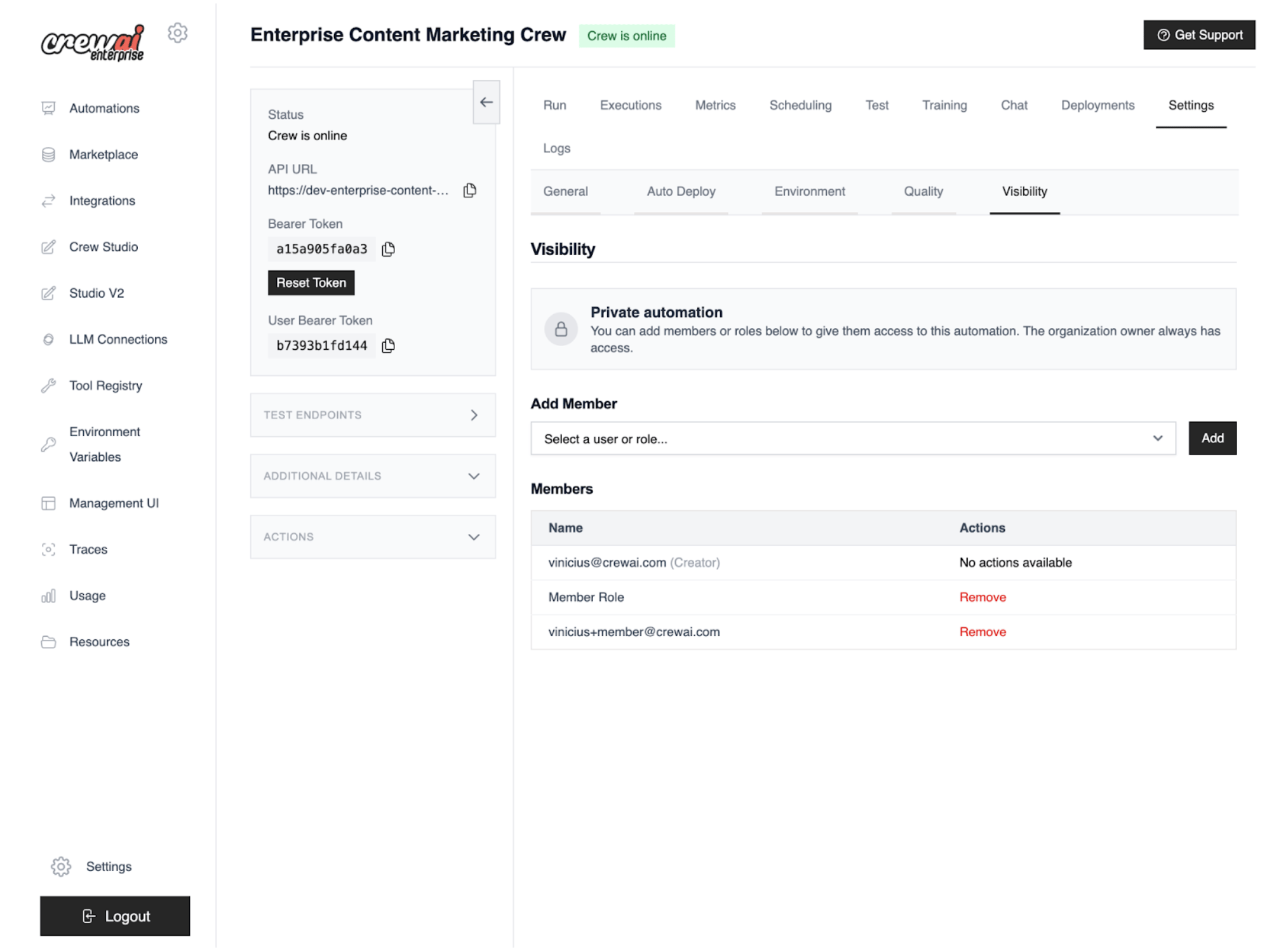 Automation Visibility settings in CrewAI AMP