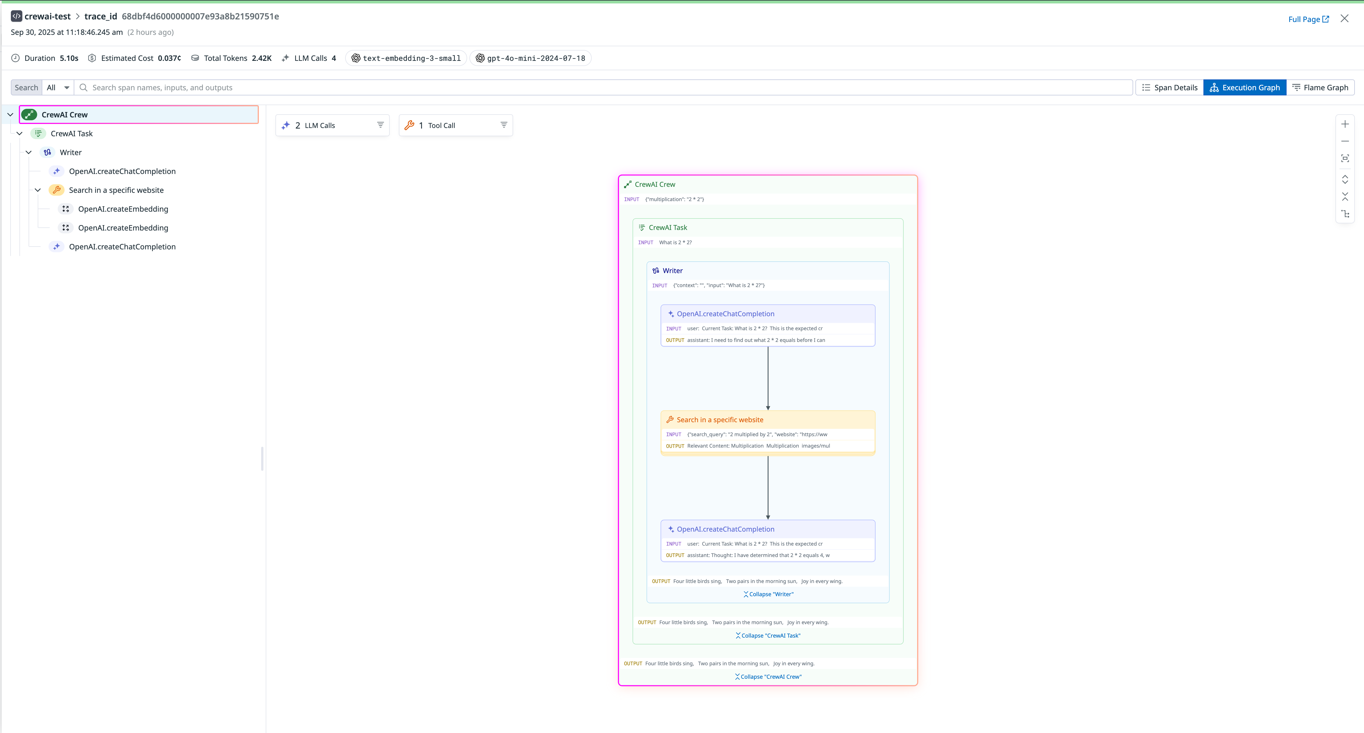 عرض تدفق تنفيذ وكيل Datadog LLM Observability
