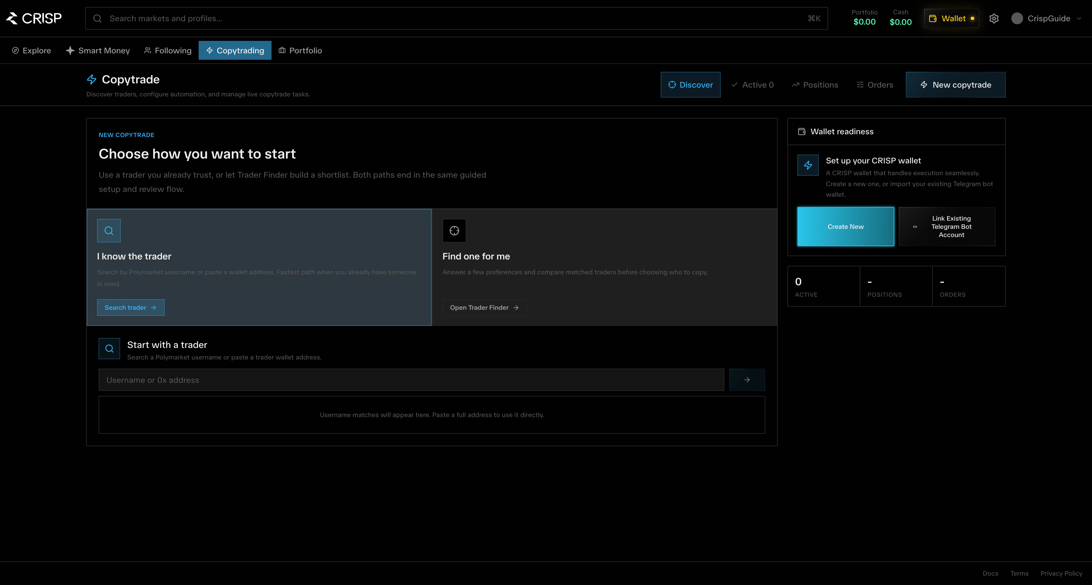 CRISP Copytrading tab showing copytrade setup and active copy configurations