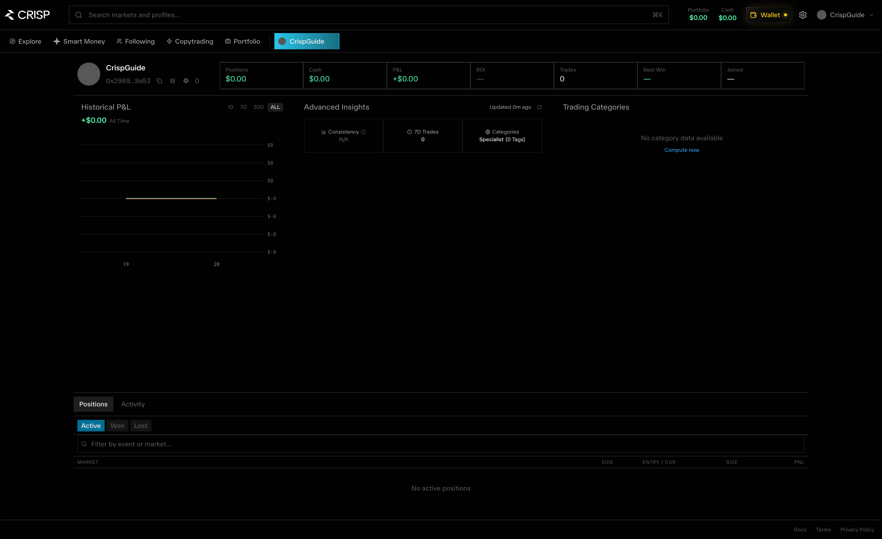 CRISP Portfolio tab showing positions, performance, and trading activity