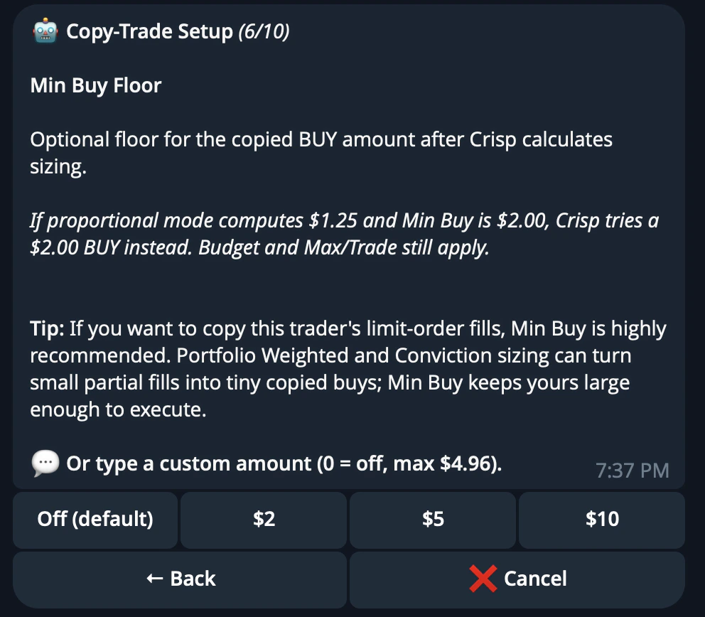 CRISP Telegram bot copytrade filter setup step