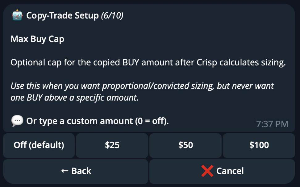 CRISP Telegram bot copytrade filter setup step