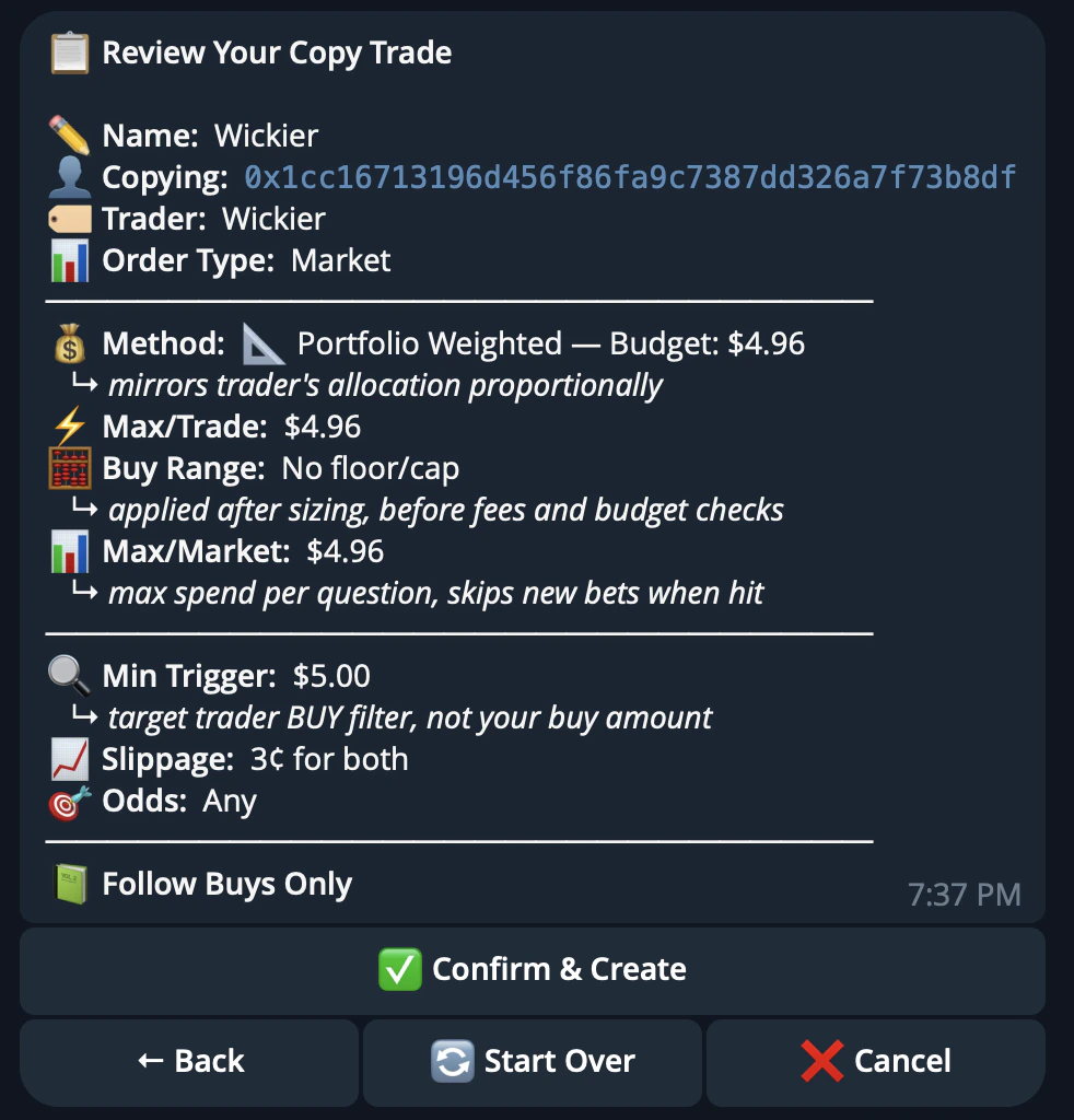CRISP Telegram bot copytrade confirmation screen