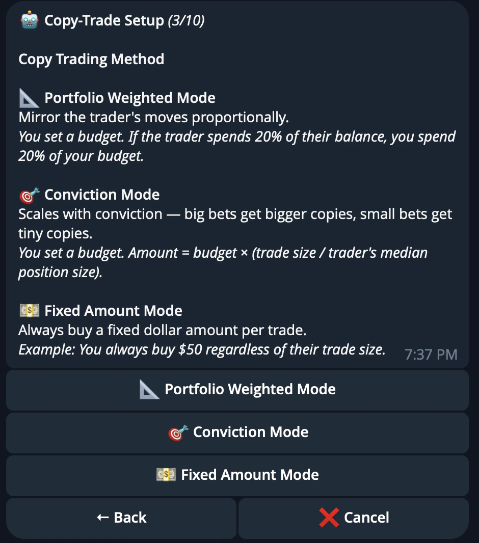 CRISP Telegram bot copytrade sizing selection