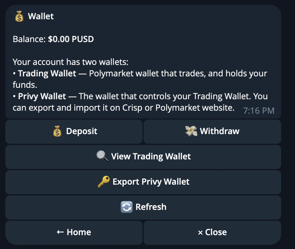 CRISP Telegram bot deposit flow showing supported assets and networks