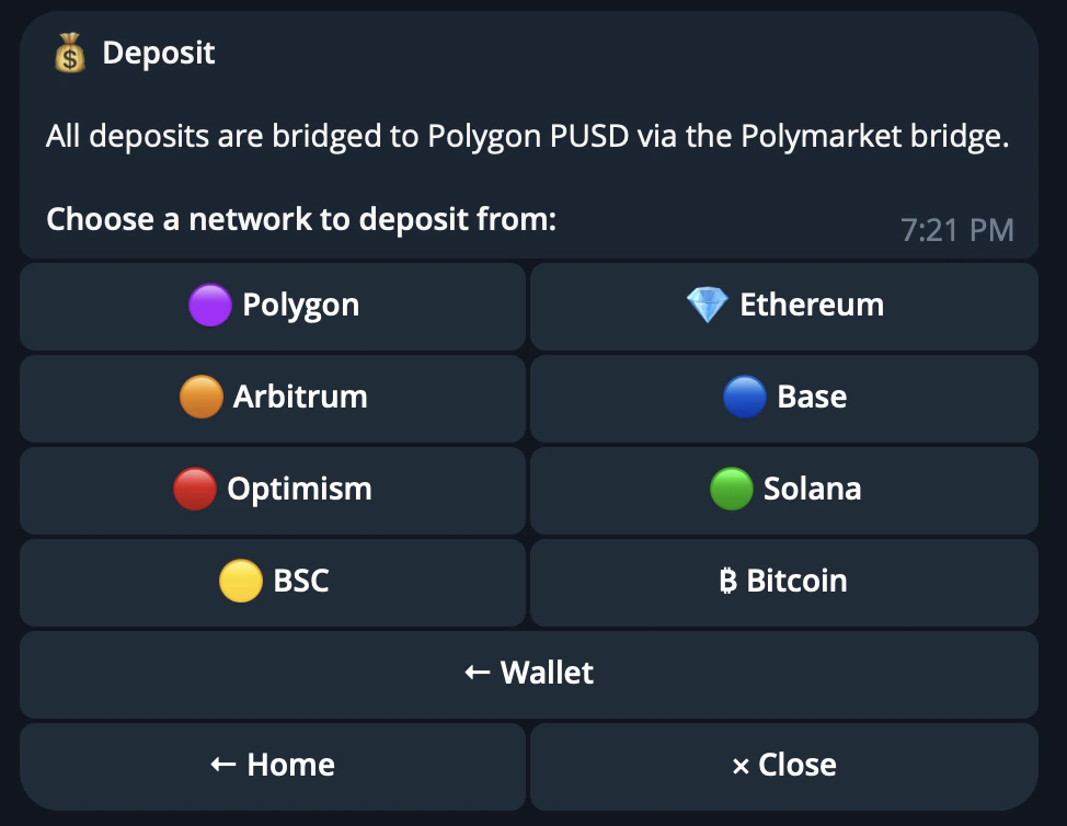 CRISP Telegram bot supported deposit networks and assets