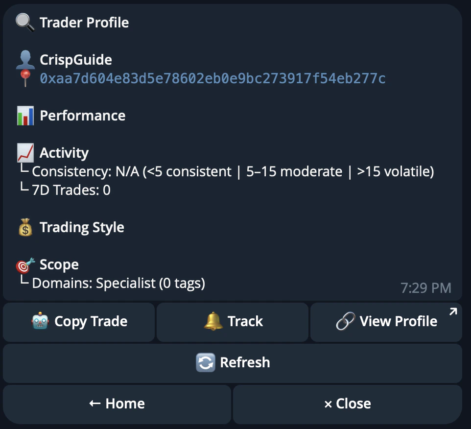 CRISP Telegram bot trader analysis wallet input flow