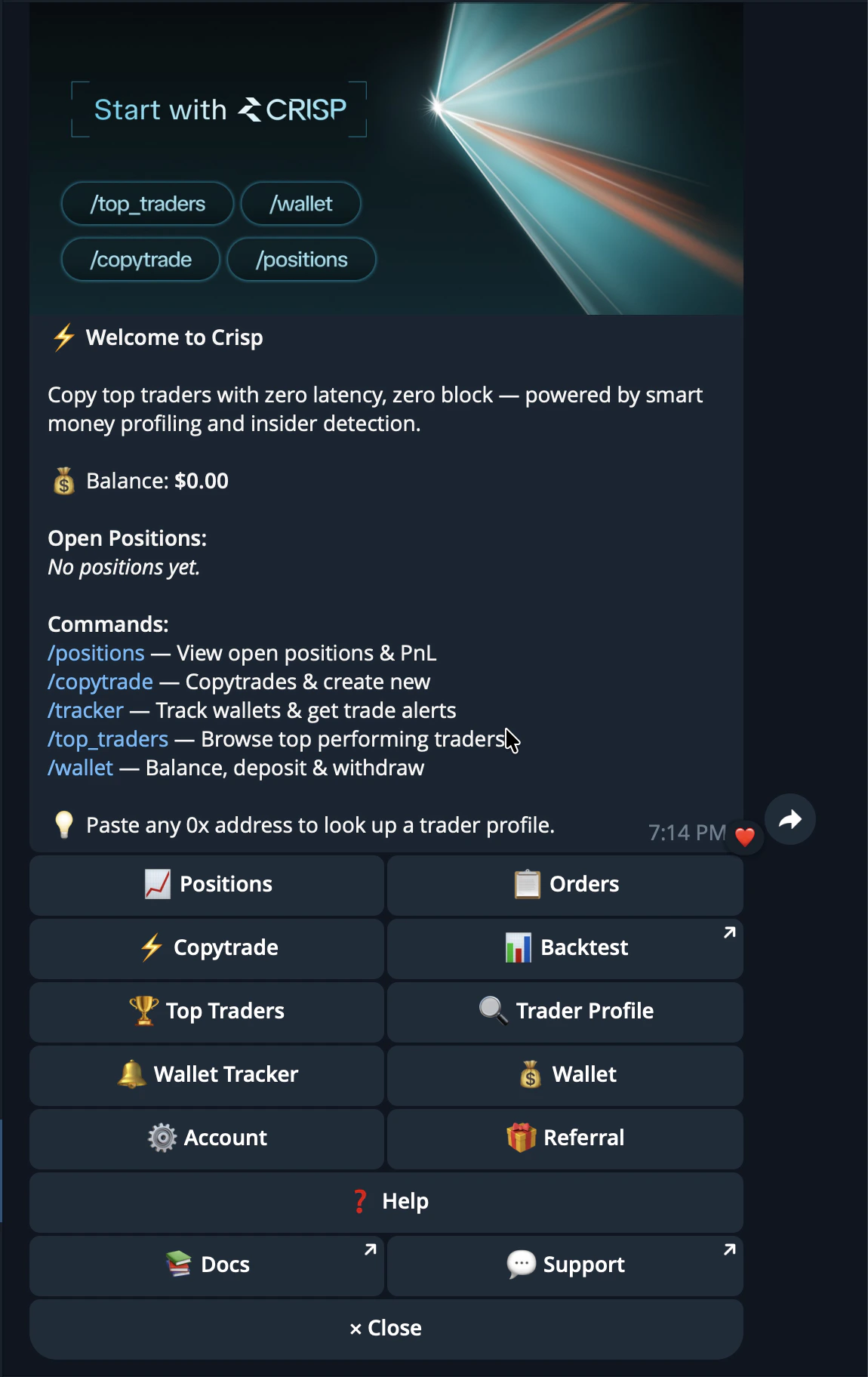 CRISP Telegram bot welcome screen and start menu