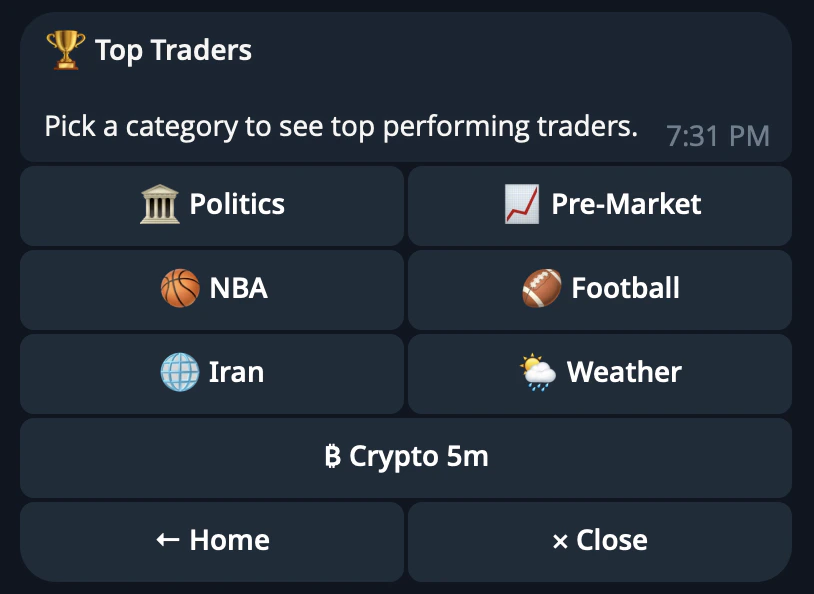 CRISP Telegram bot top traders category selection