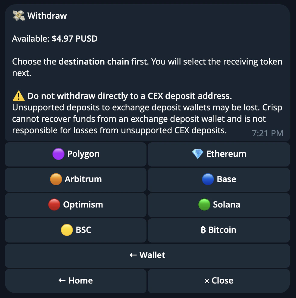 CRISP Telegram bot withdrawal flow showing destination chain selection