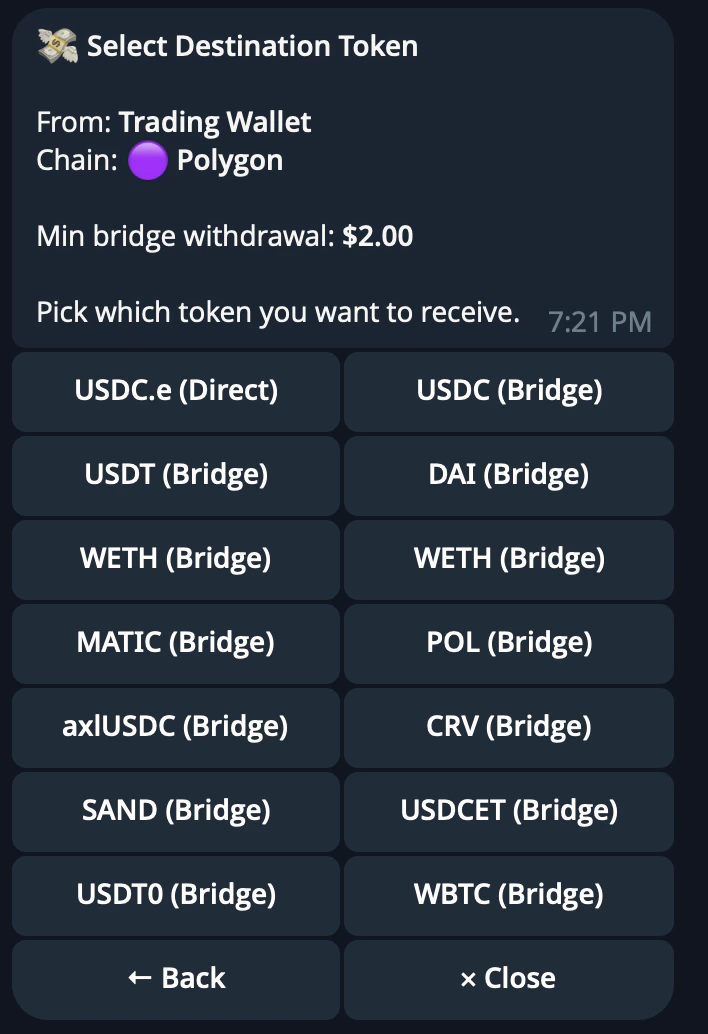 CRISP Telegram bot withdrawal flow showing destination token selection
