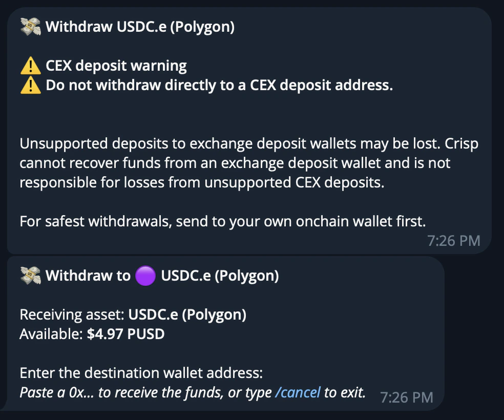 CRISP Telegram bot withdrawal flow showing destination address entry