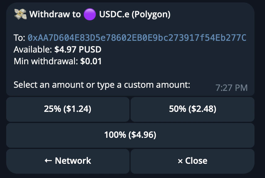 CRISP Telegram bot withdrawal flow showing withdrawal amount selection