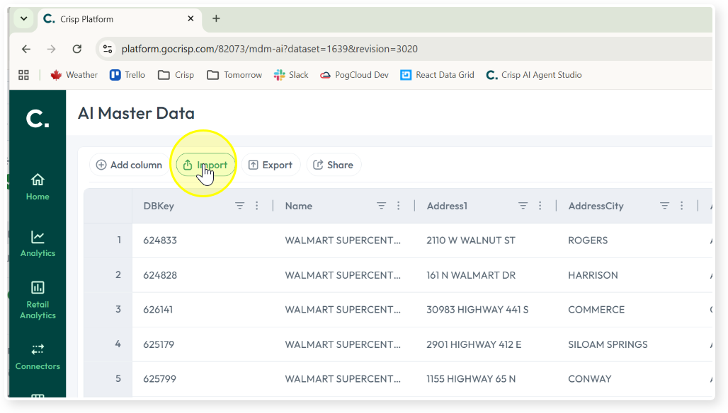 Import button on AI Master Data