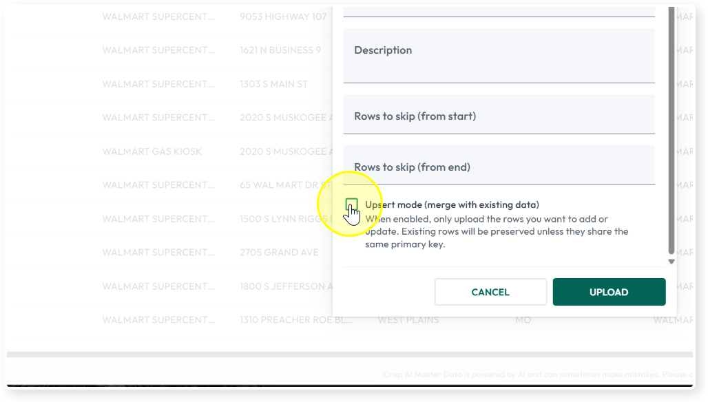 Upsert mode checkbox enabled