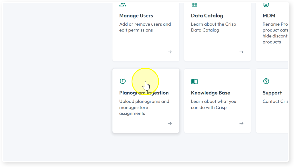 Planogram Ingestion tile on the Crisp home page