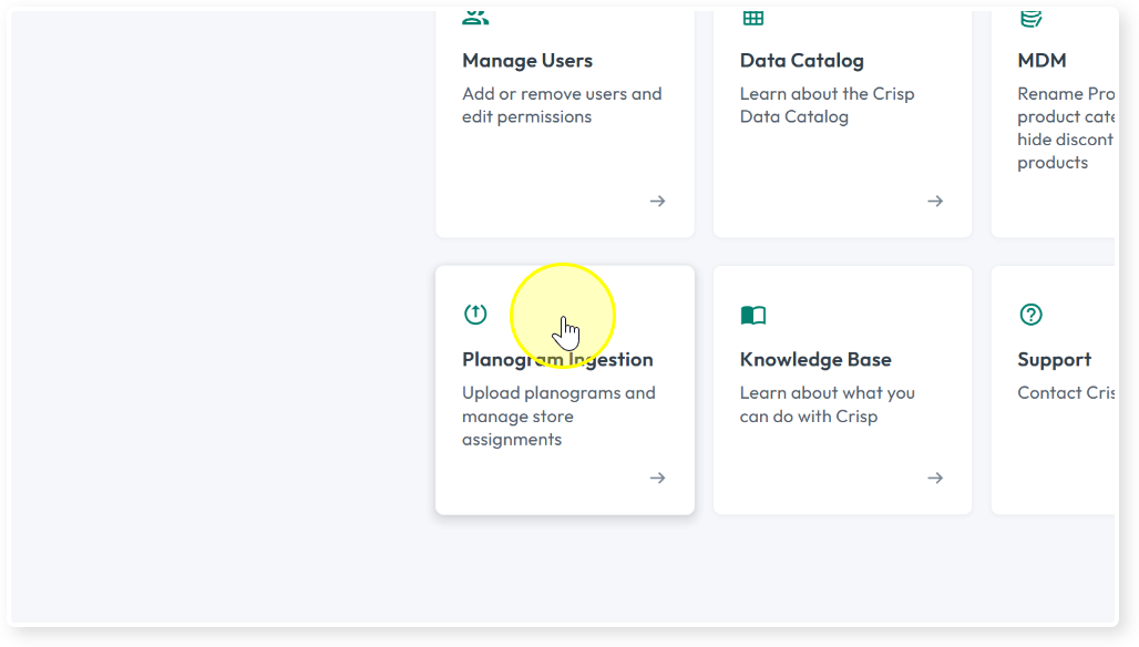 Planogram Ingestion tile on the Crisp home page