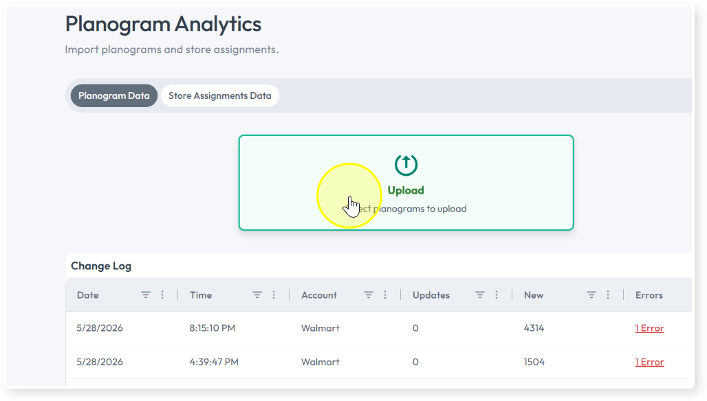 Upload tile on the Planogram Analytics page