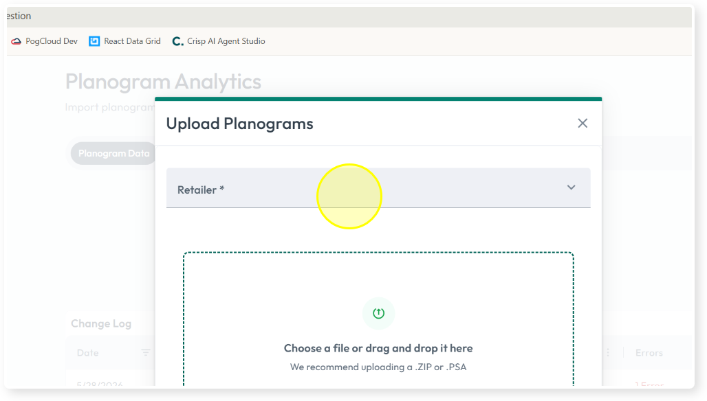 Retailer dropdown in the Upload Planograms dialog
