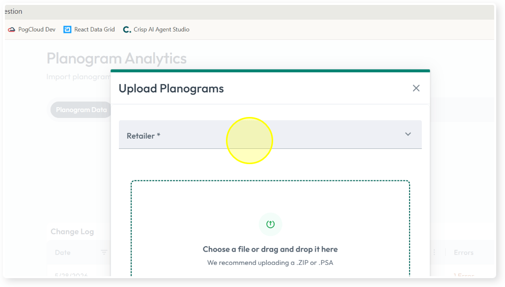 Retailer dropdown in the Upload Planograms dialog