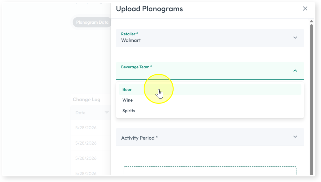 Team dropdown showing Beer, Wine, Spirits options