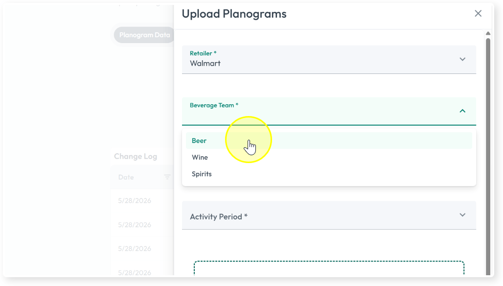 Team dropdown showing Beer, Wine, Spirits options