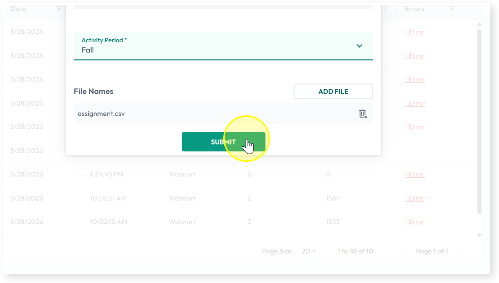 Submit button with assignment.csv added