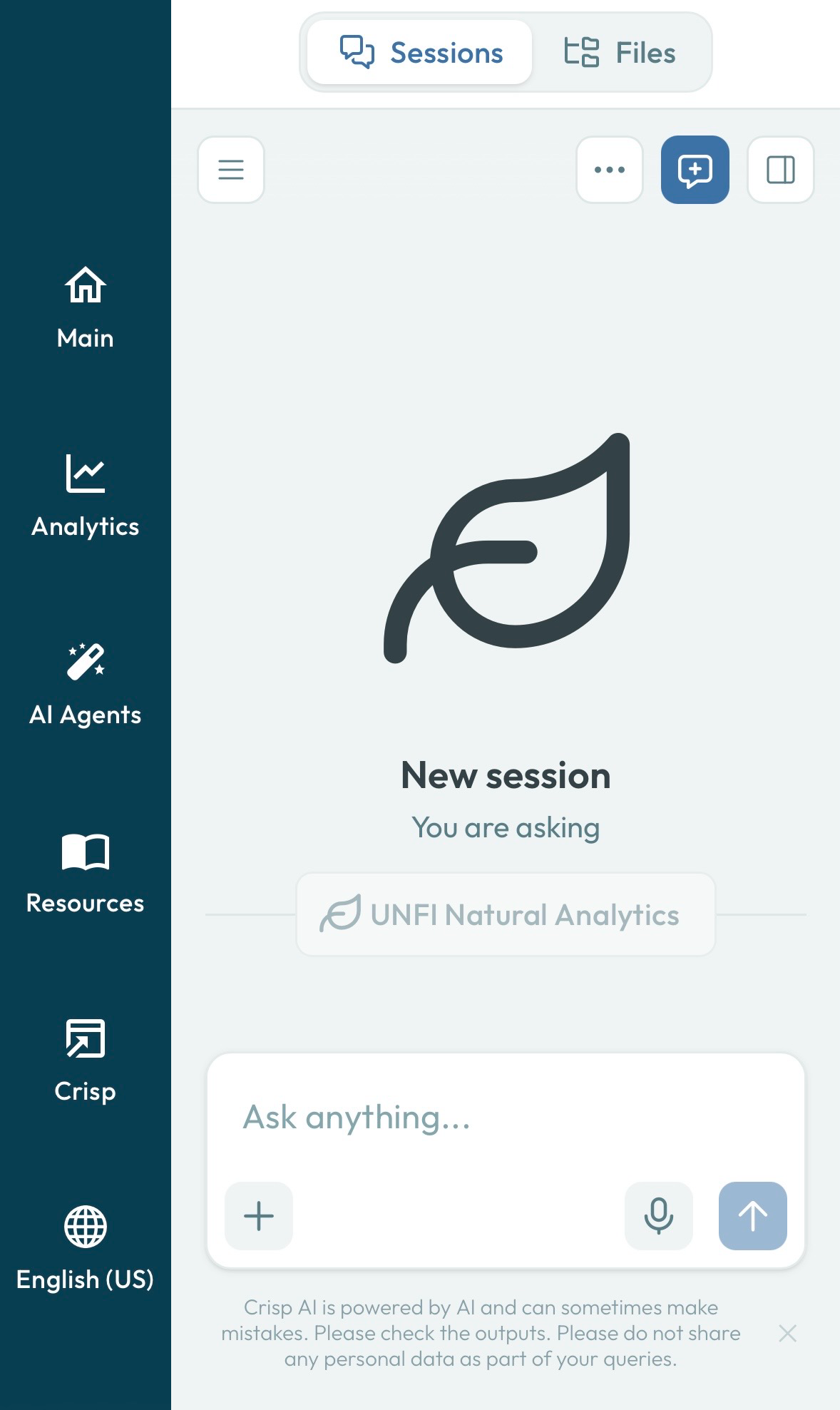 AI Agents mobile browser view showing Sessions and Files navigation at the top of the screen