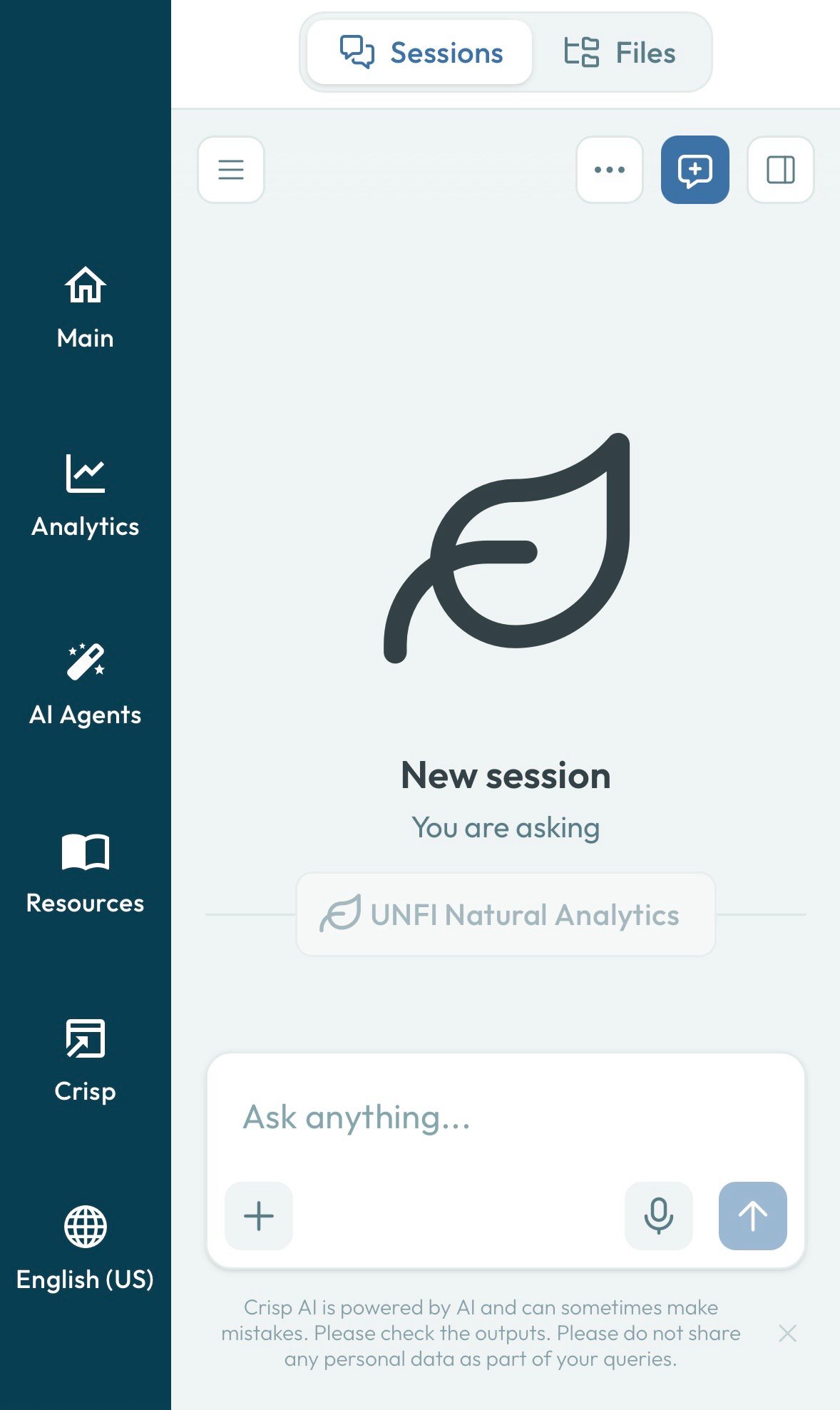 AI Agents mobile browser view showing Sessions and Files navigation at the top of the screen
