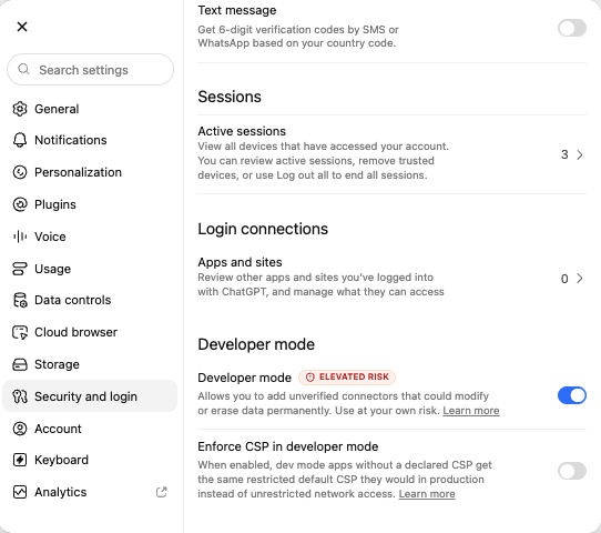 ChatGPT settings showing the Developer mode toggle enabled under Security and login