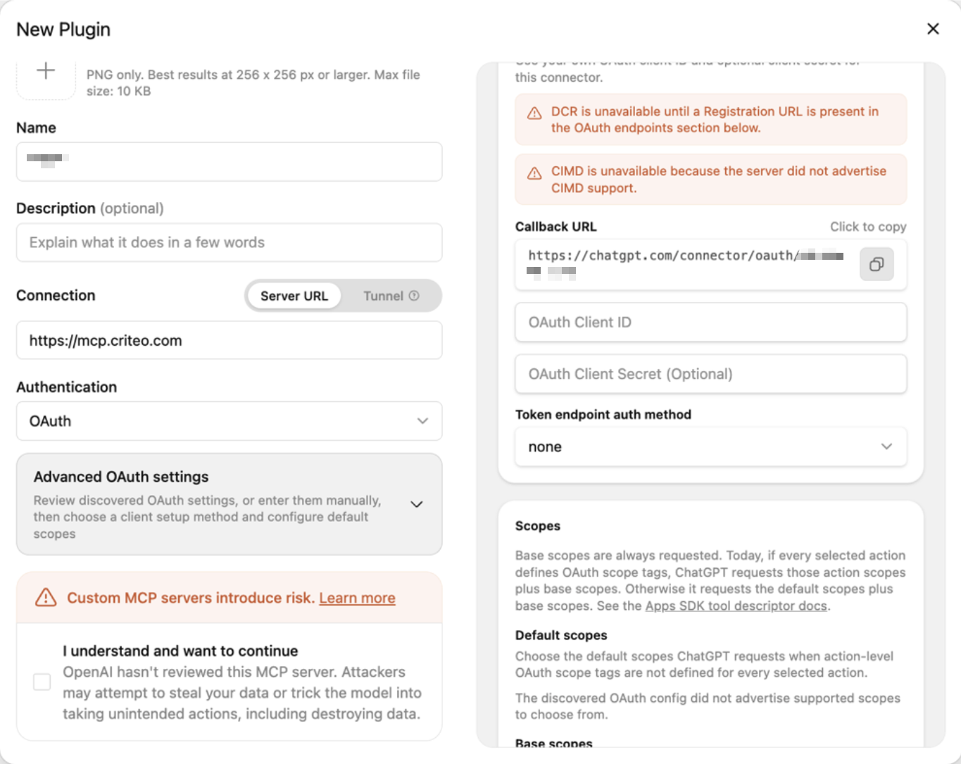 ChatGPT Advanced OAuth settings panel showing the generated Callback URL alongside the OAuth Client ID and Client Secret fields